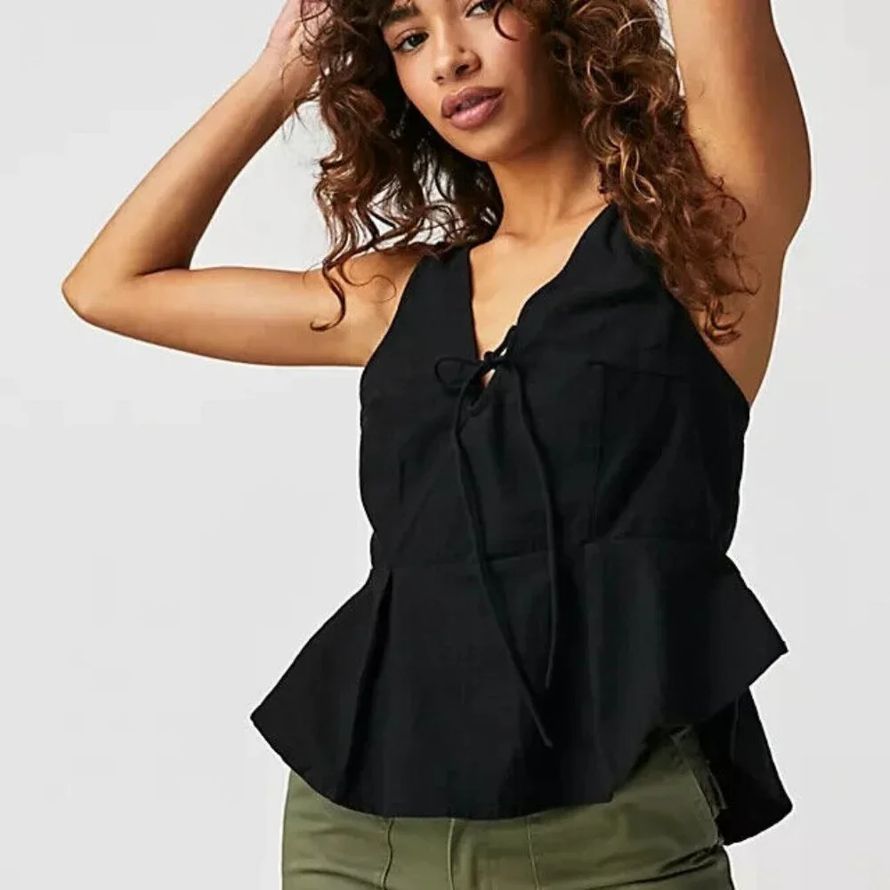 Free People Mika Solid Tank Ruffle Black Top New